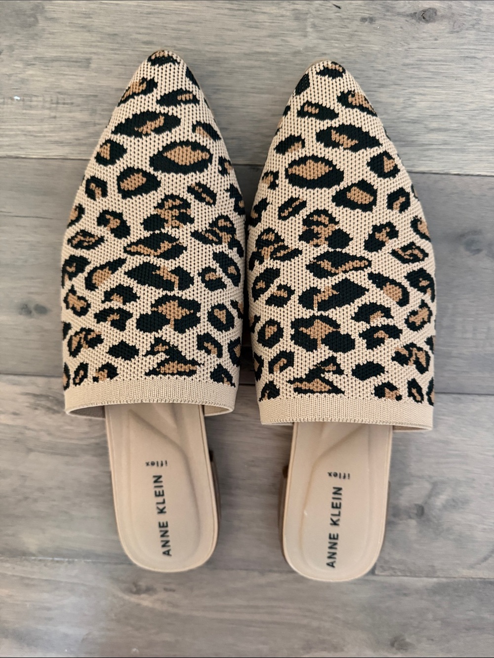 Anne Klein Leopard Knit Pointed Slip-On Mules in Beige and Black